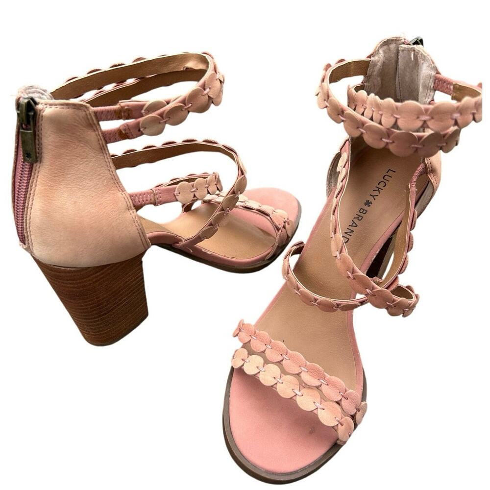 Lucky Brand Blush Pink Floral Leather Block Heel Sandals Women's 9.5